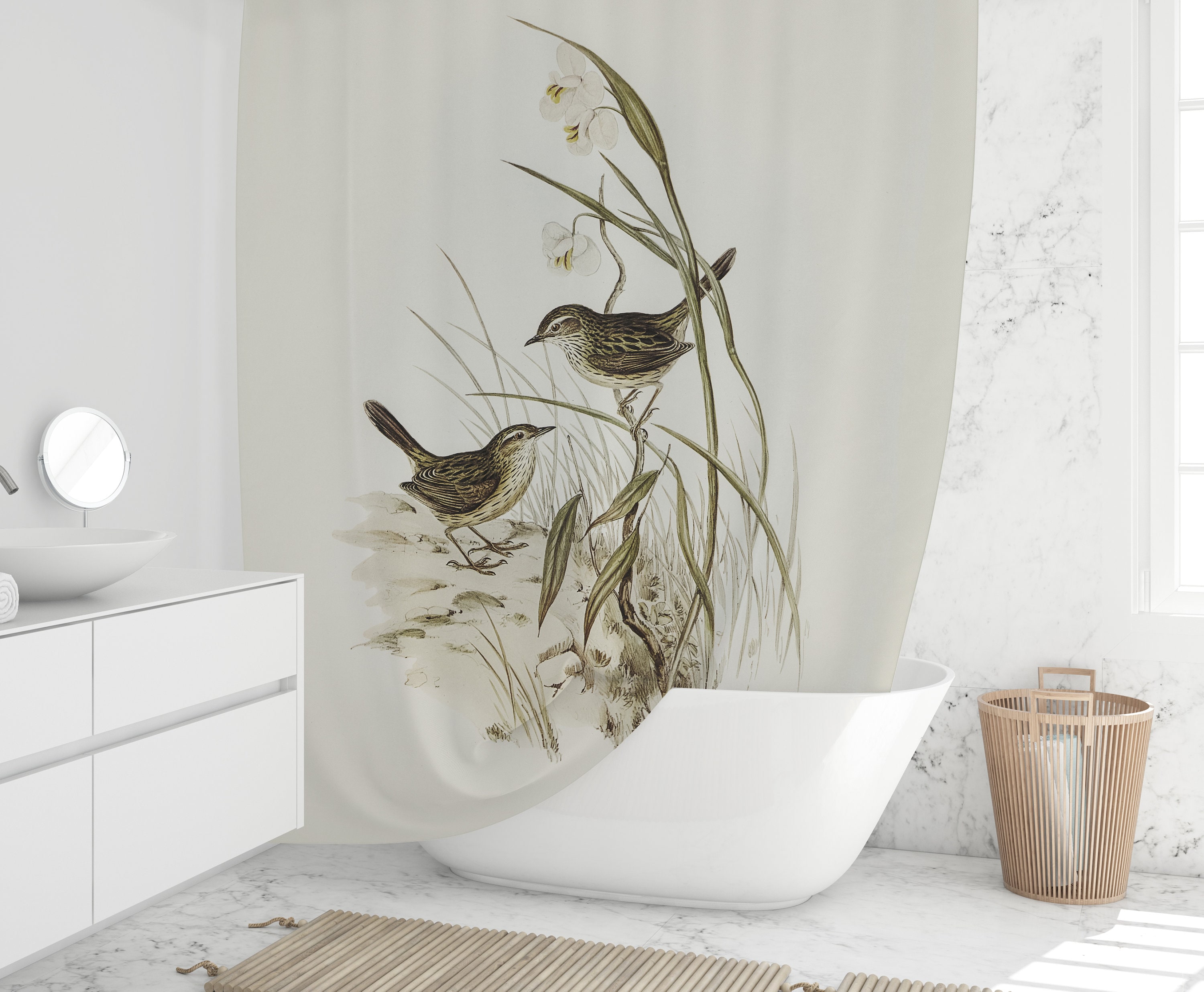 Nature-Inspired Birds Shower Curtain In Neutral Beige And Sage Green New Home Design