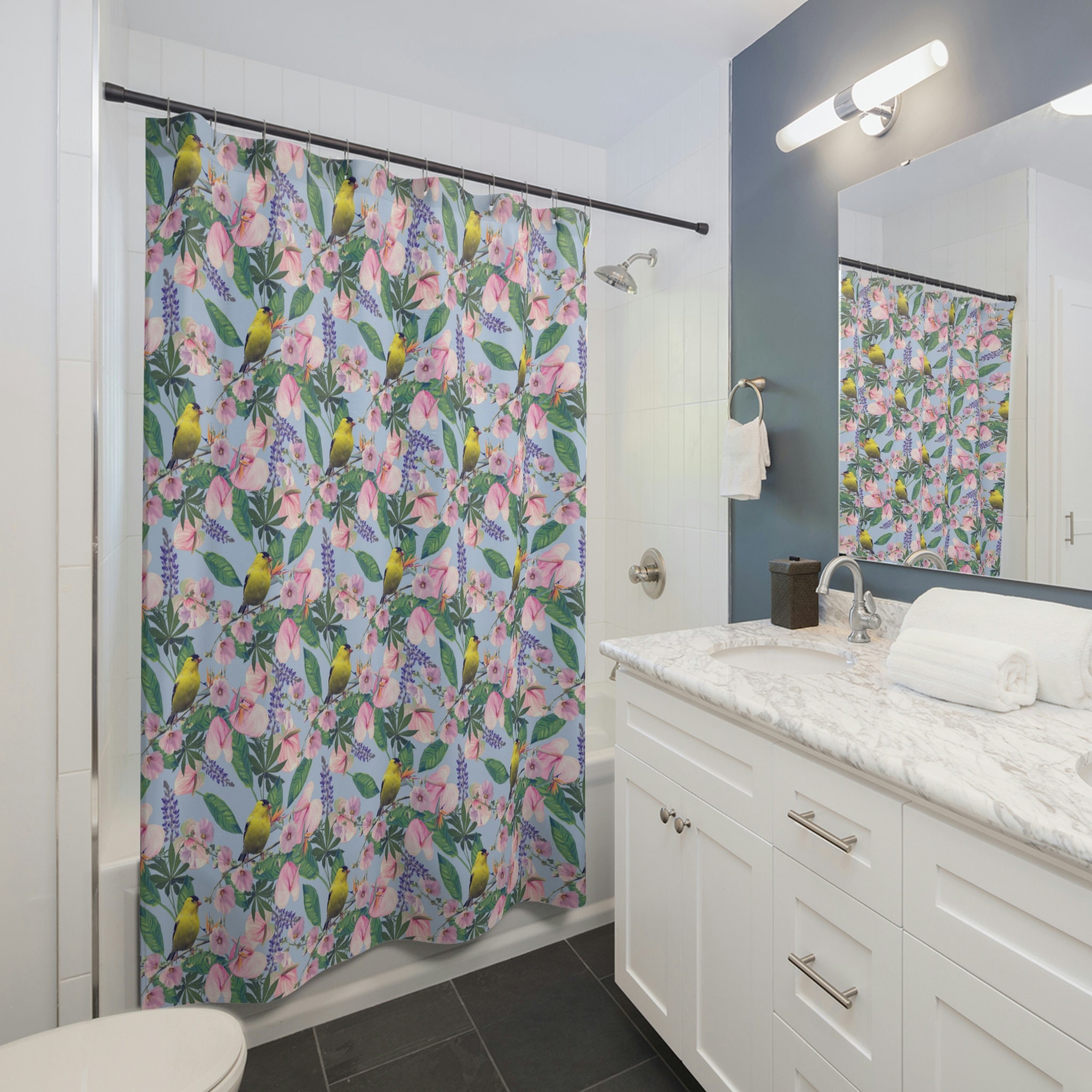 Preppy And Cute Birds And Flowers Shower Curtain With Floral And Jungle Prints