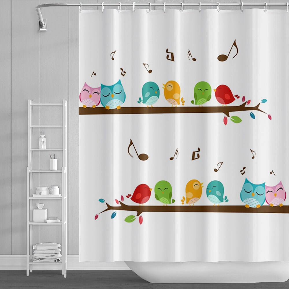 Multicolor Rowley Birds Shower Curtain Set With Cute Animal Hooks Bathroom Decor