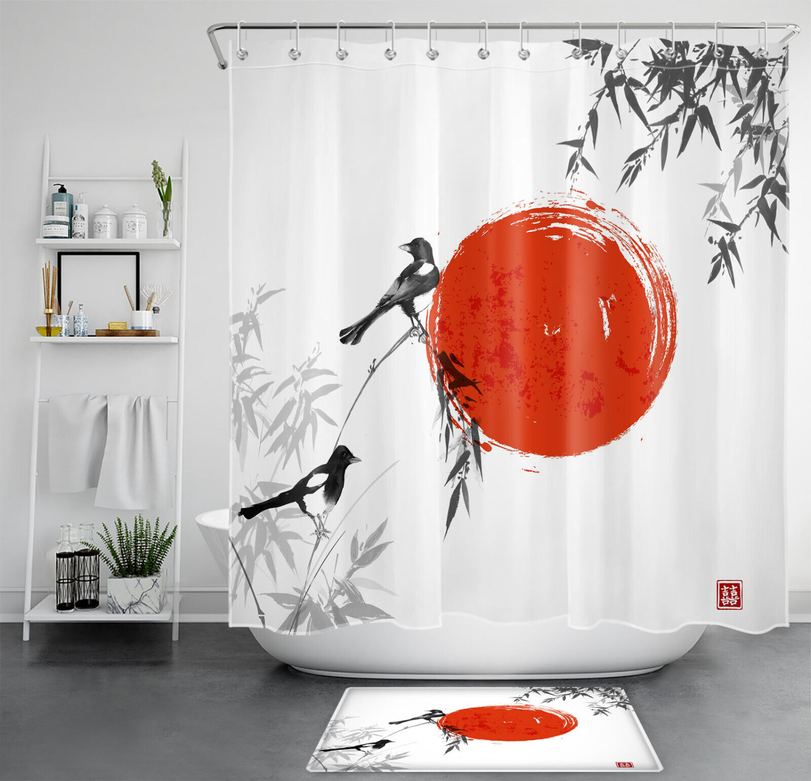 Japanese Shower Curtain With Bamboo Leaf And Red Sun Design For Oriental Bathroom Decor
