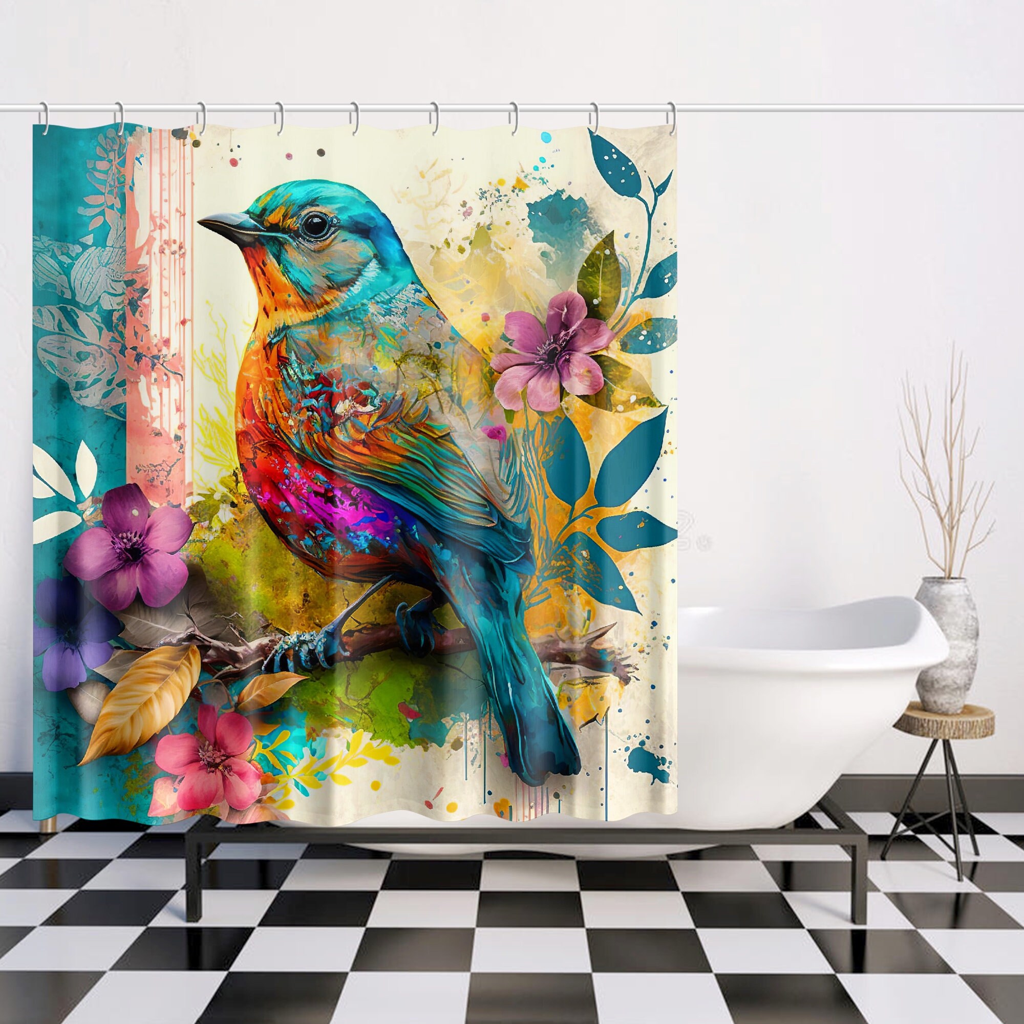 Colorful Boho Bird Shower Curtain For Modern Bathroom Decor