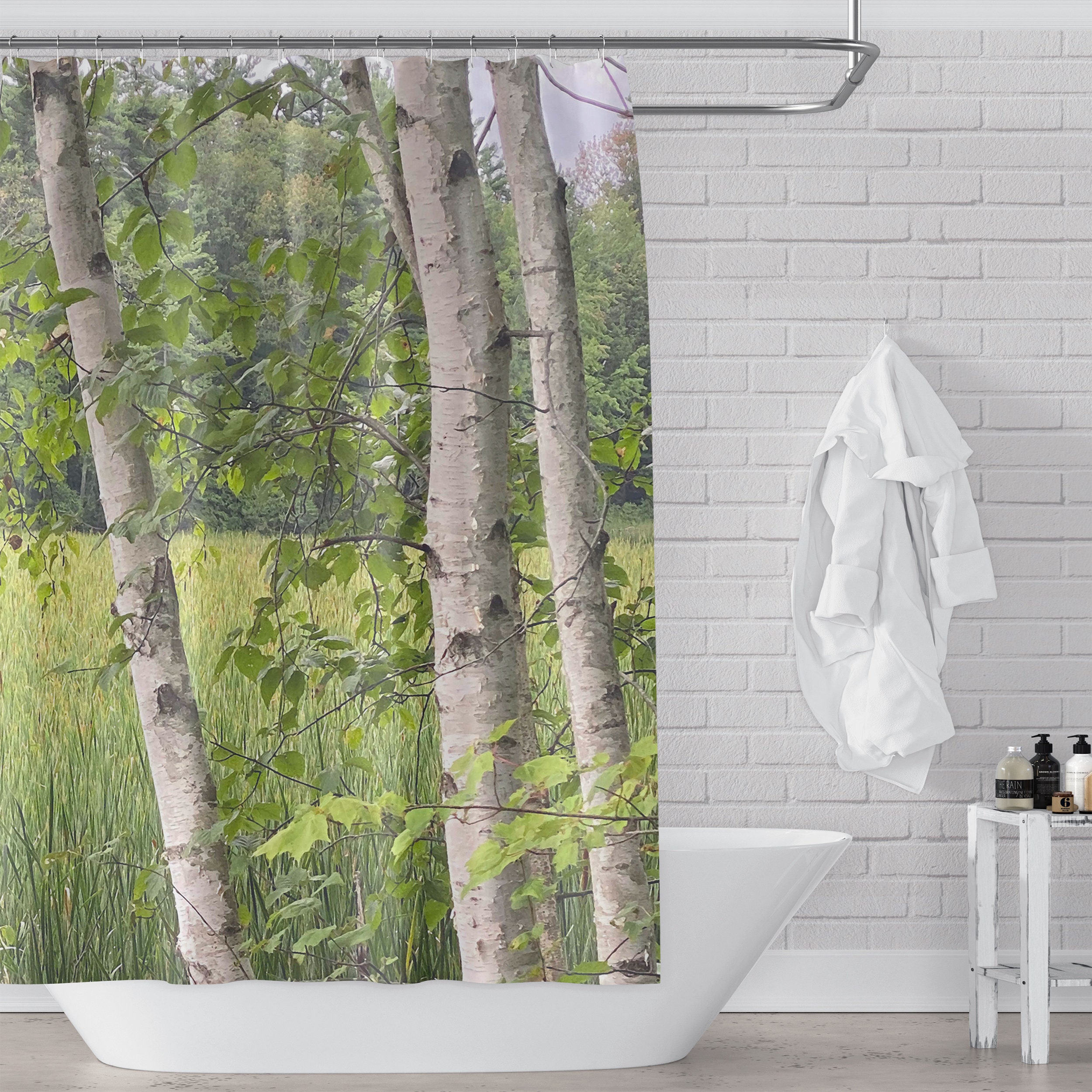 Summer Marsh Birch Tree Shower Curtain For New England Nature-Inspired Bathroom Decor