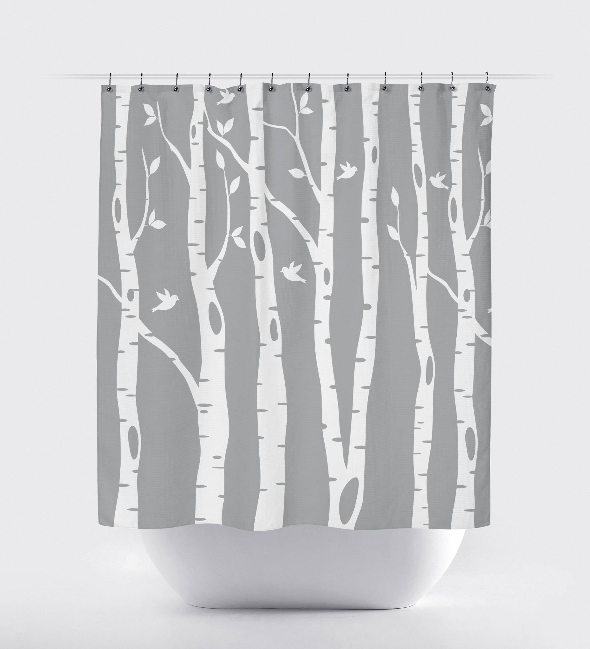 Grey And White Birch Tree Shower Curtain With Birds For Customized Home Decor