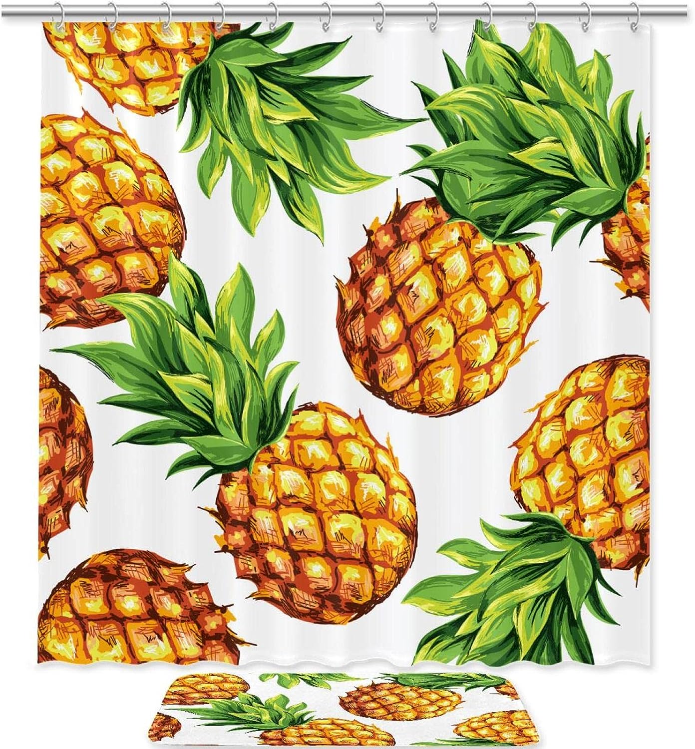 Pineapple Pattern Shower Curtain And Mat Set For Tropical Bathroom Decor