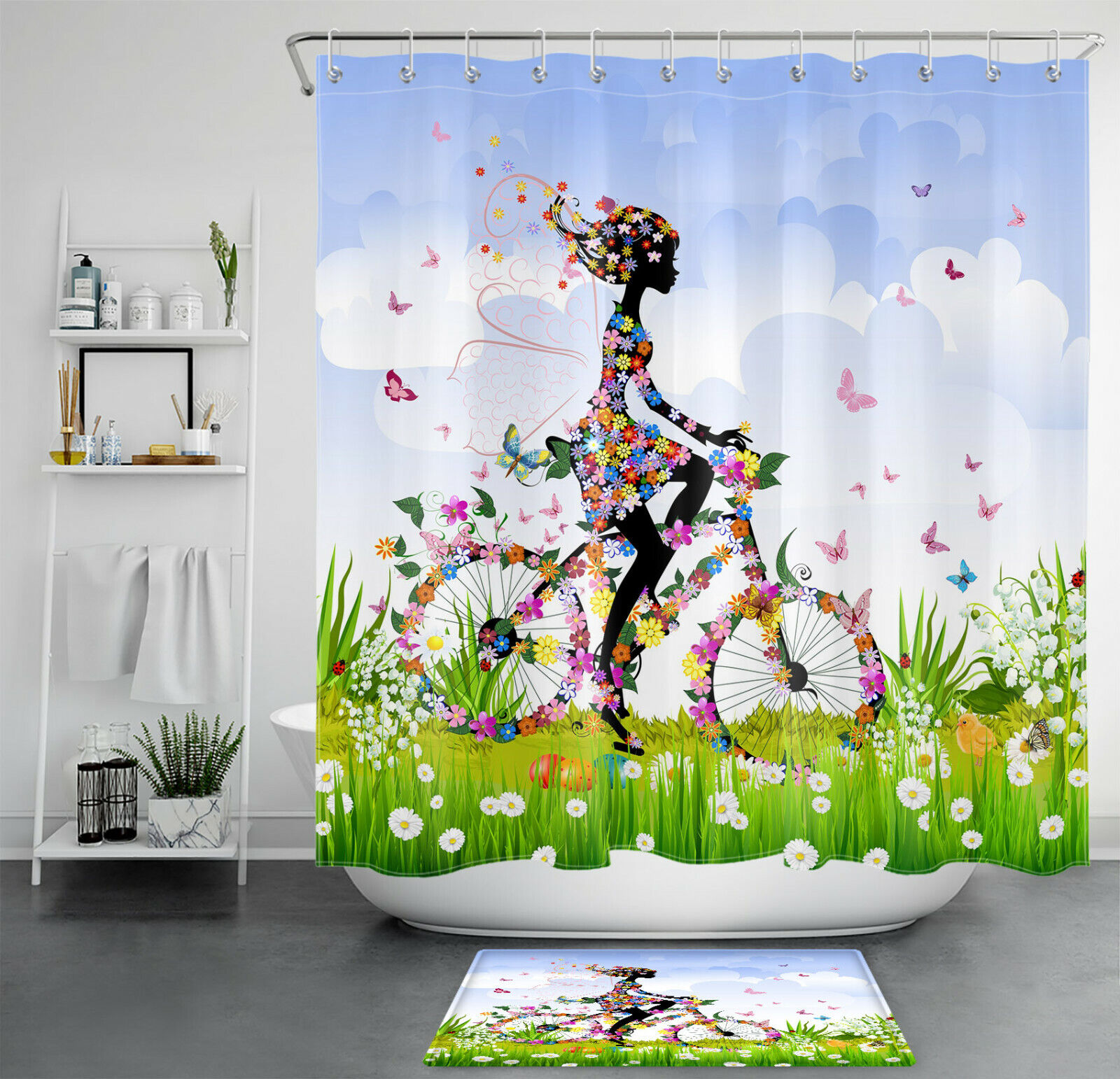 Spring Flower And Butterfly Shower Curtain With Bike Girl Theme For A Fresh Bathroom Look