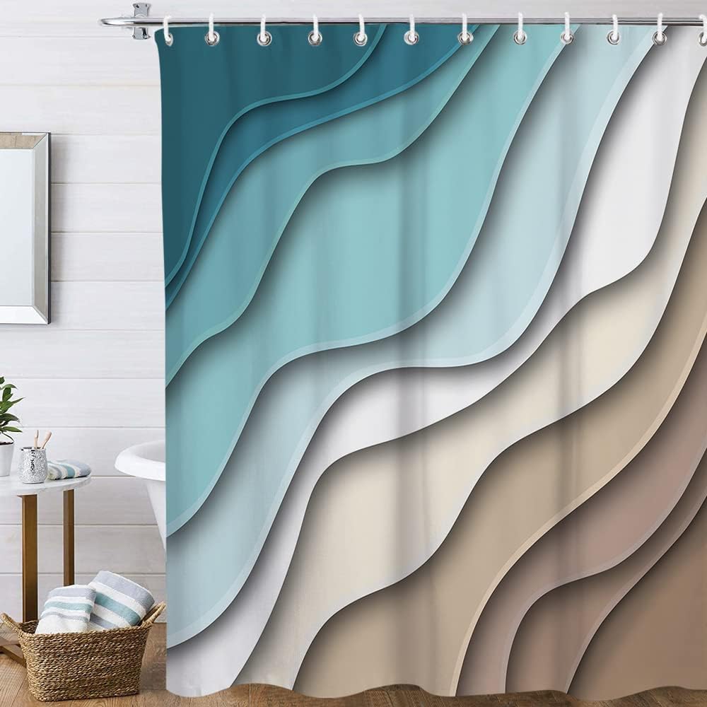 Geometric Ocean Shower Curtain Turquoise Teal Ombre Abstract Beach Bathroom Decor