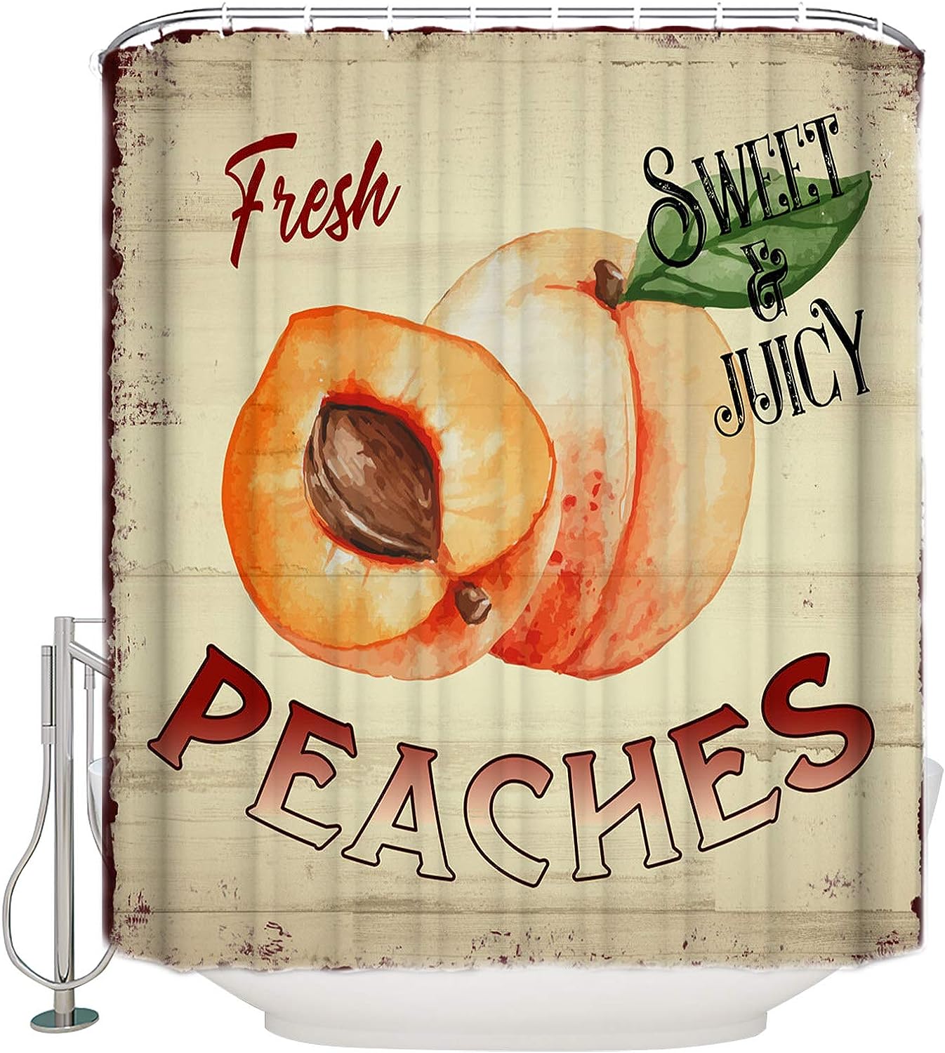 Farm Fresh Peaches Shower Curtain Retro Wood Grain Bathroom Decor
