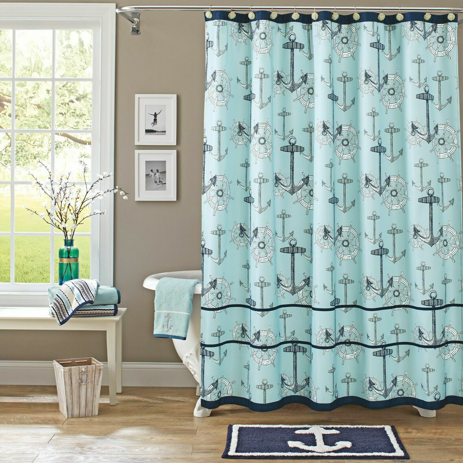 Nautical Shower Curtain With Anchor Design For Coastal Bathroom Decor
