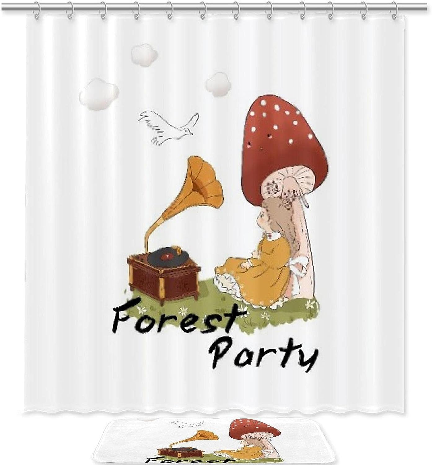 Mushroom Girl And Record Player Shower Curtain In Waterproof Fabric For Bathroom Decor