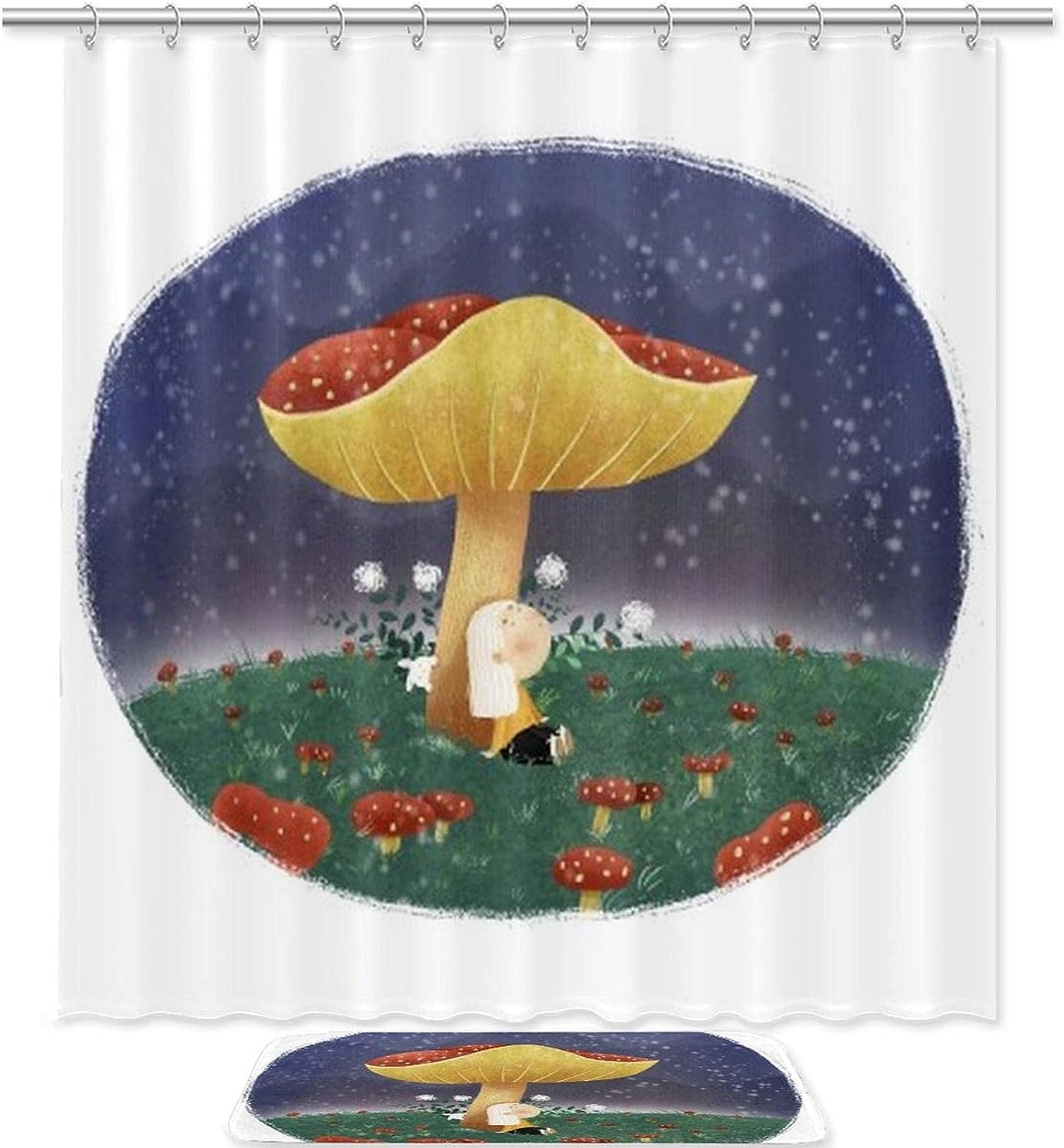 Mushroom Girl Starry Sky Shower Curtain In Waterproof Fabric For Bathroom Decor