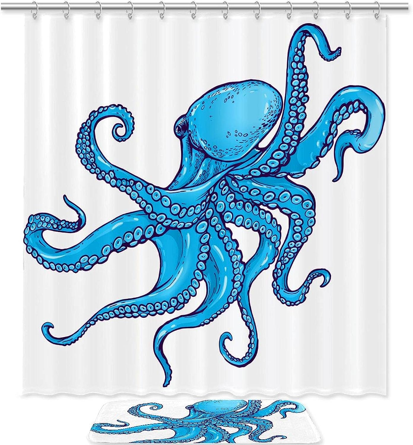 Sea Blue Octopus Waterproof Shower Curtain For Bathroom Decoration