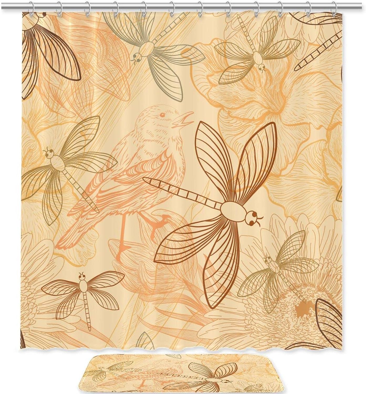 Natural Birds And Dragonfly Waterproof Shower Curtain For Bathroom Decoration