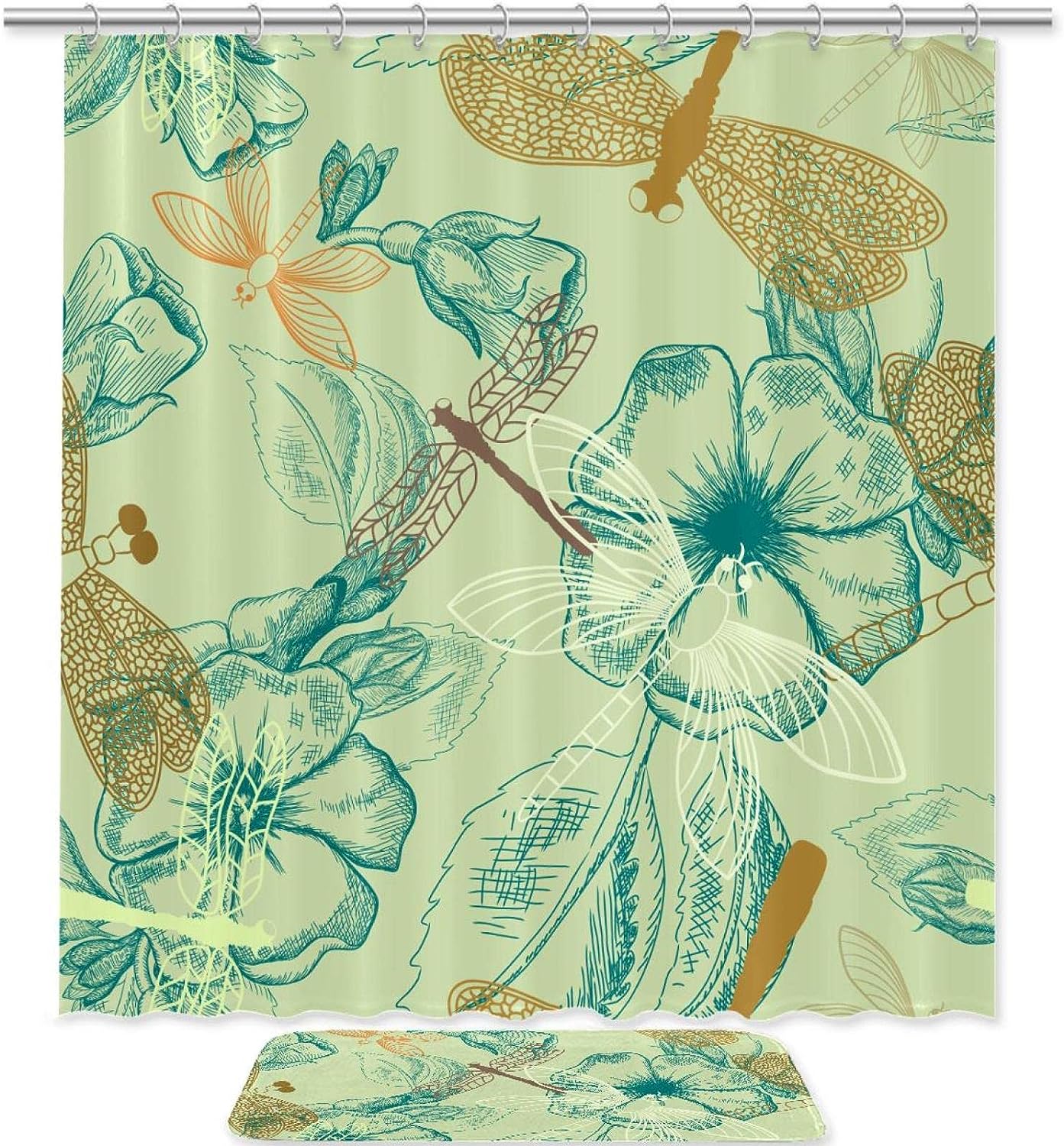 Natural Flowers And Dragonfly Waterproof Shower Curtain For Bathroom Decoration