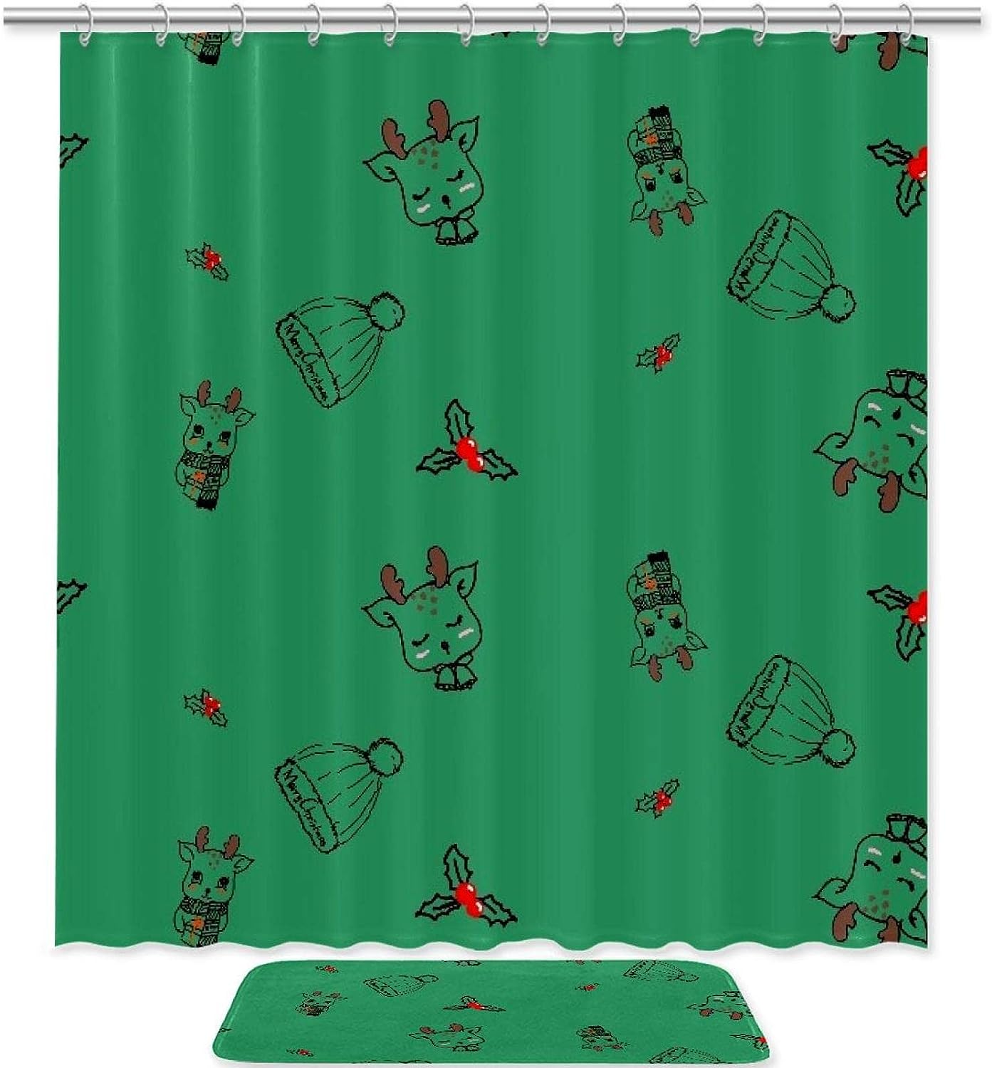 Cute Green Christmas Deer Shower Curtain In Waterproof Fabric