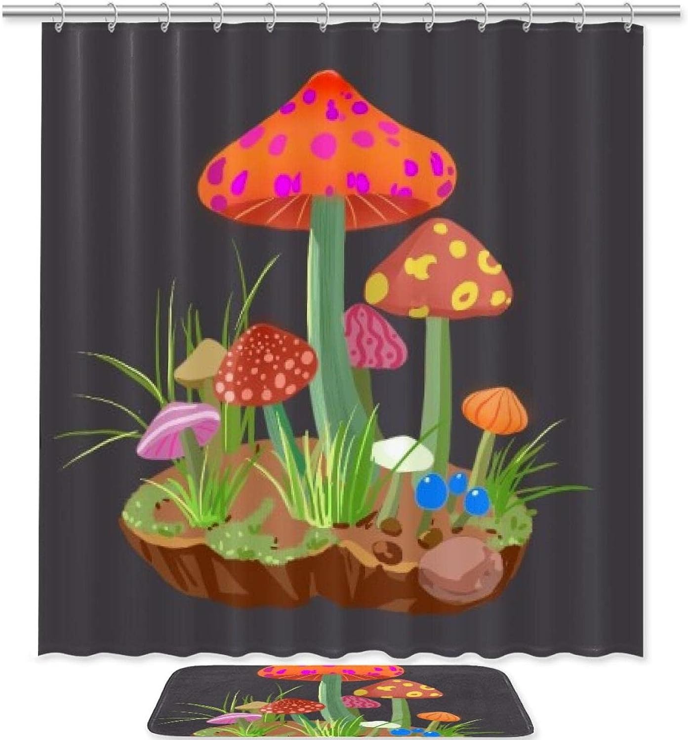 Green Grass Mushroom Waterproof Shower Curtain For Bathroom Decor