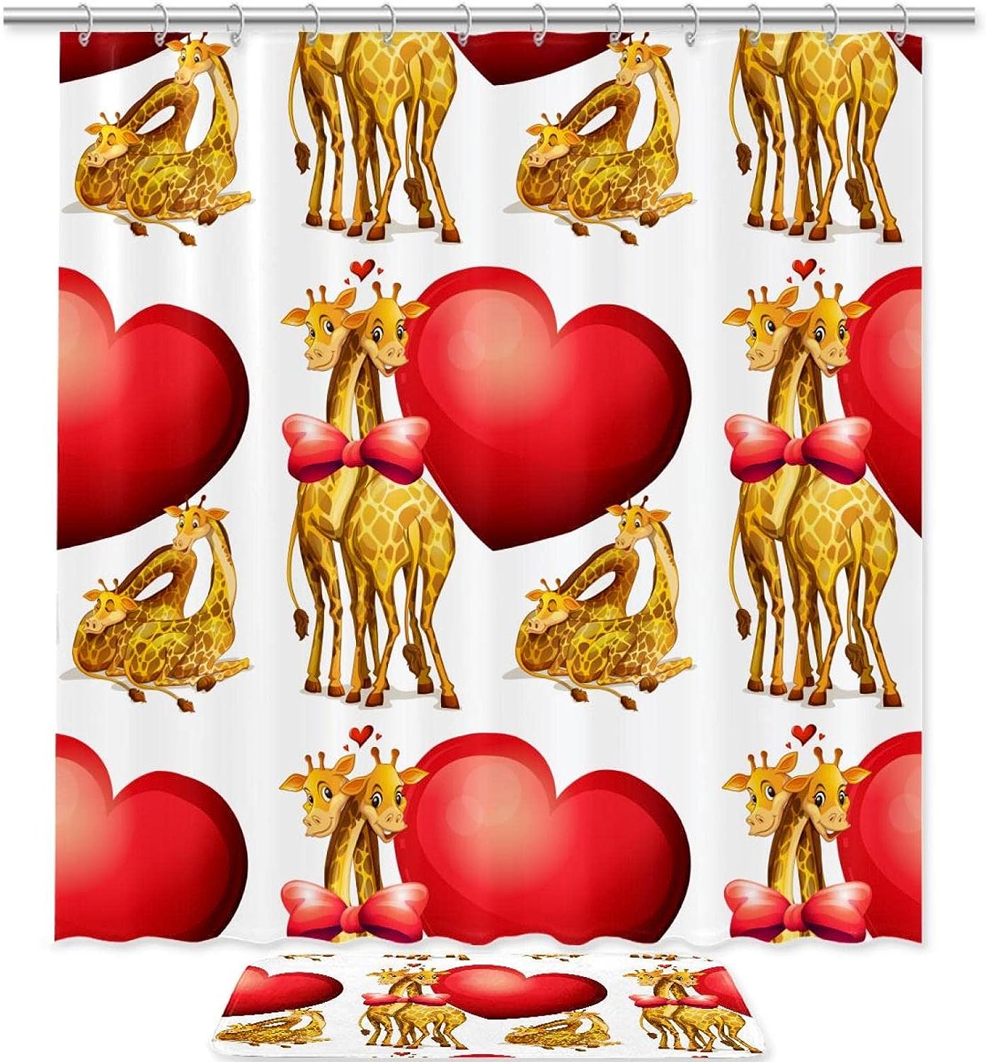 Giraffes With Hearts Waterproof Shower Curtain For Romantic Bathroom Decor