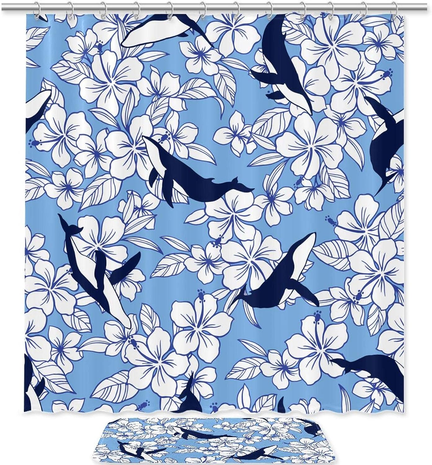 Flower And Whale Waterproof Shower Curtain For Nature Bathroom Decor