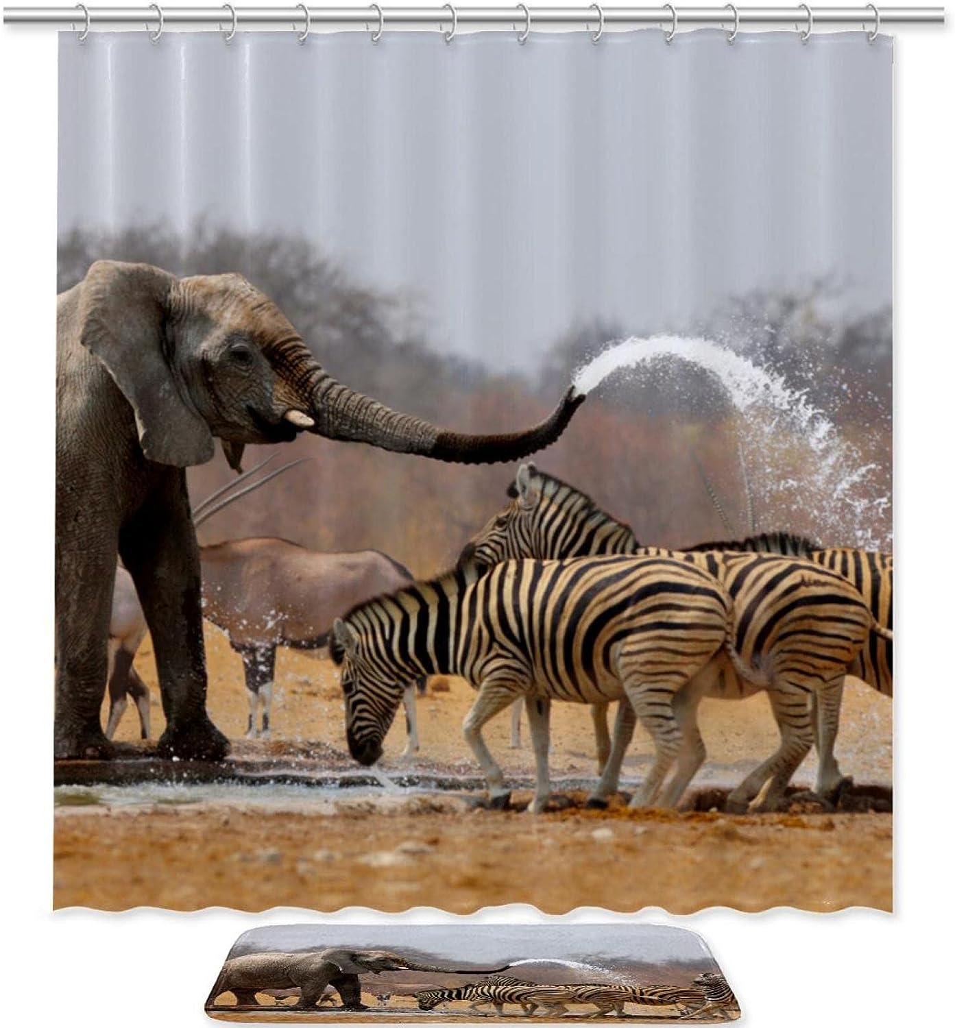 Elephant Zebras Giraffe Waterproof Shower Curtain For Safari Bathroom Decor