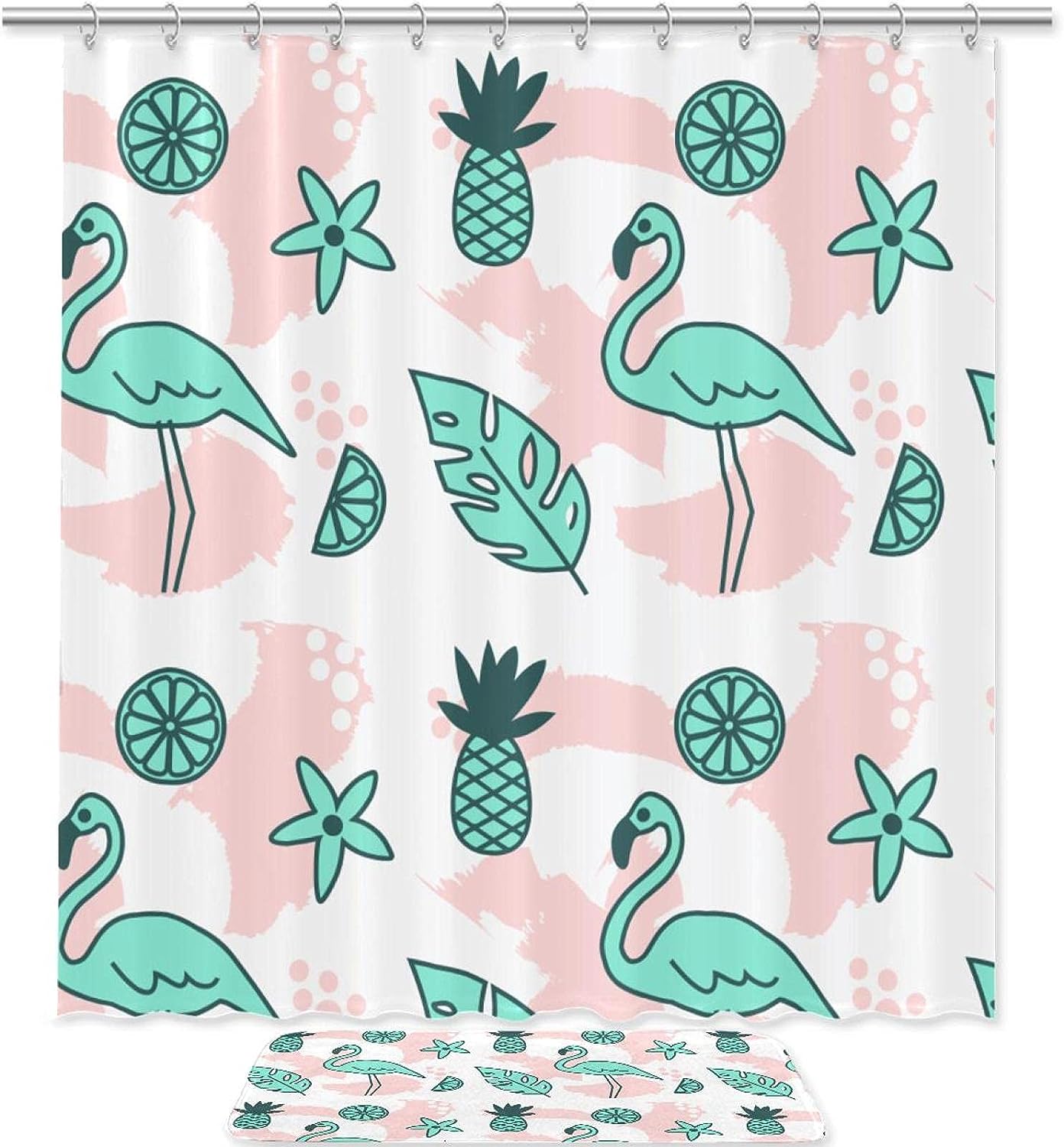Flamingo And Pineapple Waterproof Shower Curtain For Tropical Bathroom Decor