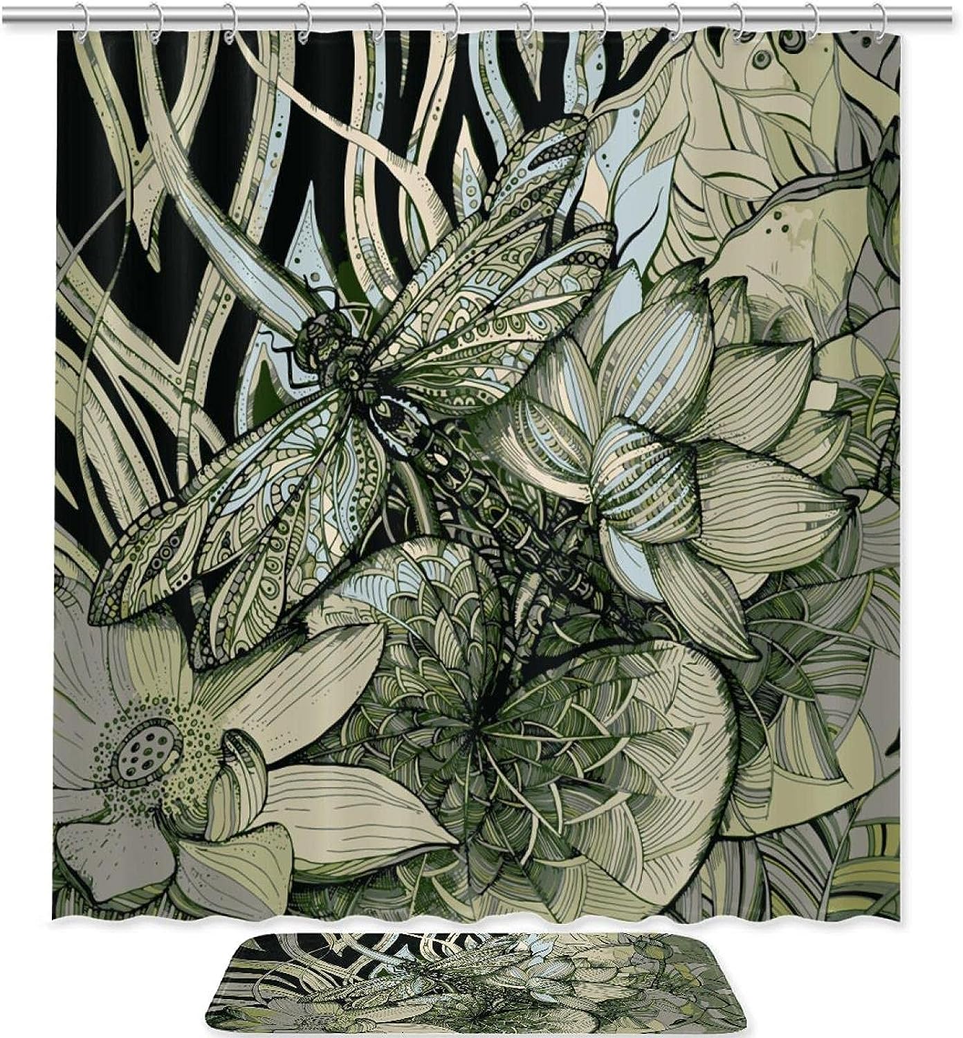 Dragonfly Lotus Waterproof Shower Curtain For Zen Bathroom Decor