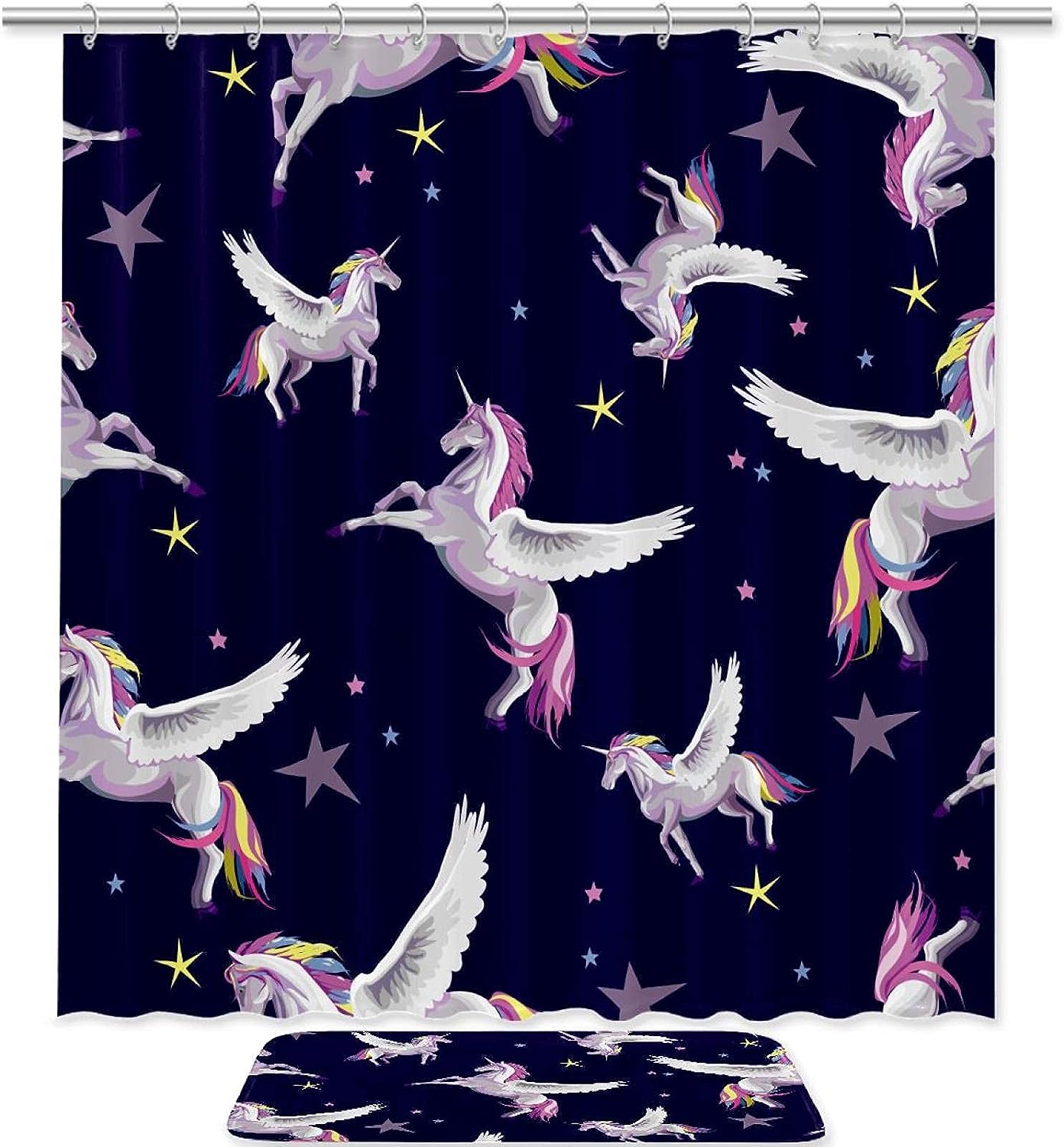 Cute Unicorn Stars Bathroom Shower Curtain Waterproof Fabric