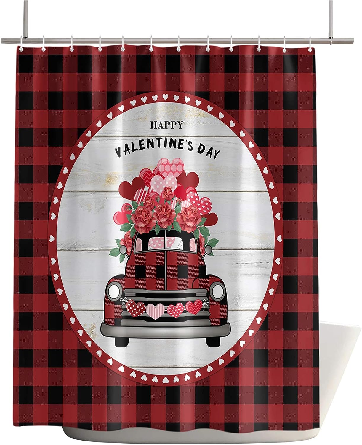 Red Truck Rose Floral Plaid Valentines Day Bathroom Shower Curtain Waterproof Fabric