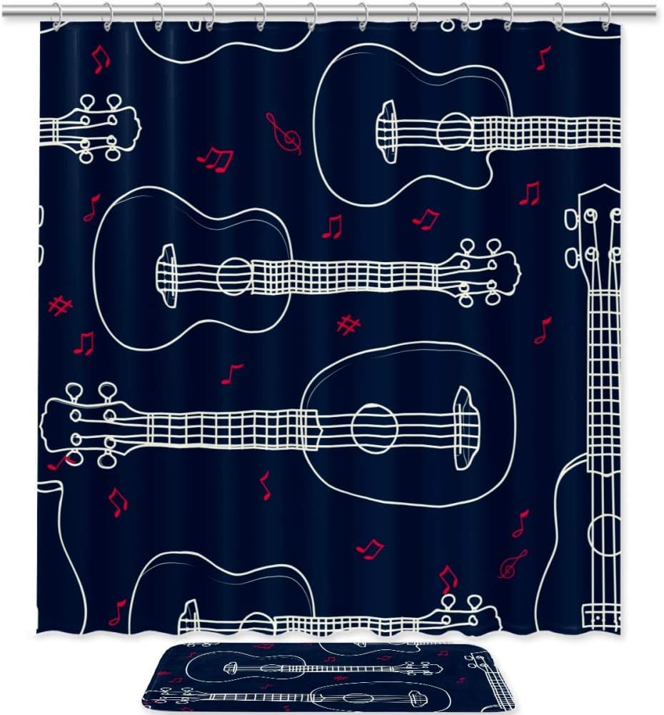 Hawaiian Ukulele Outline Bathroom Shower Curtain Waterproof Fabric