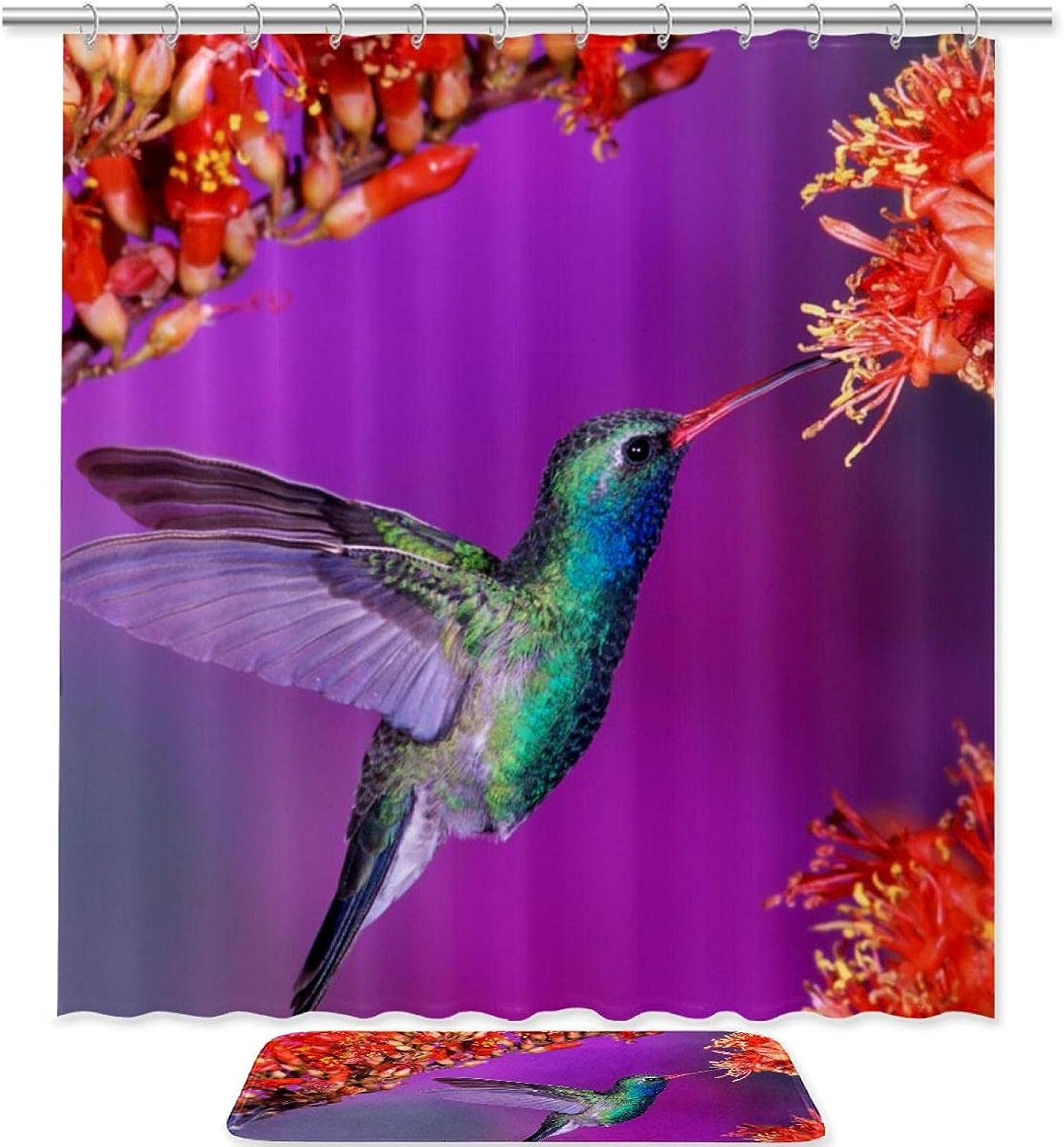 Red Flowers Hummingbird Bathroom Shower Curtain Waterproof Fabric