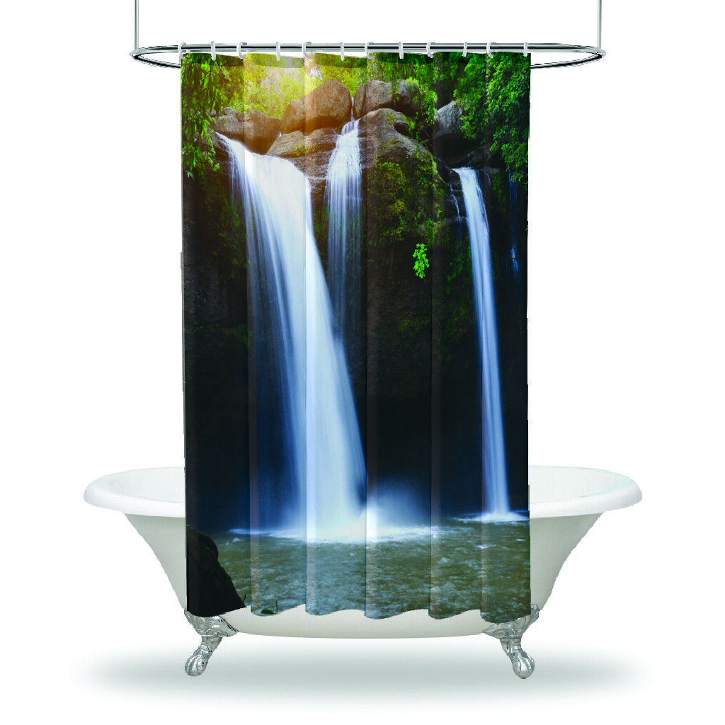 Green Forest Waterfall Bathroom Shower Curtain Waterproof Fabric