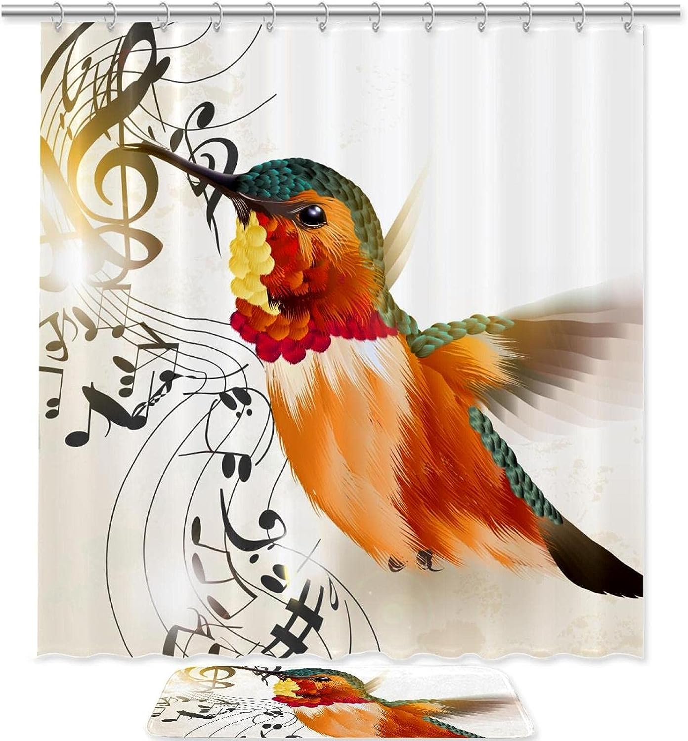 Hummingbird Music Note Bathroom Shower Curtain Waterproof Fabric