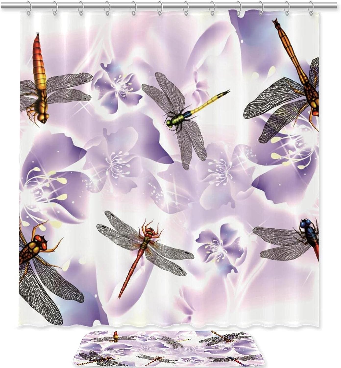 Purple Dragonflies Bathroom Shower Curtain Waterproof Fabric