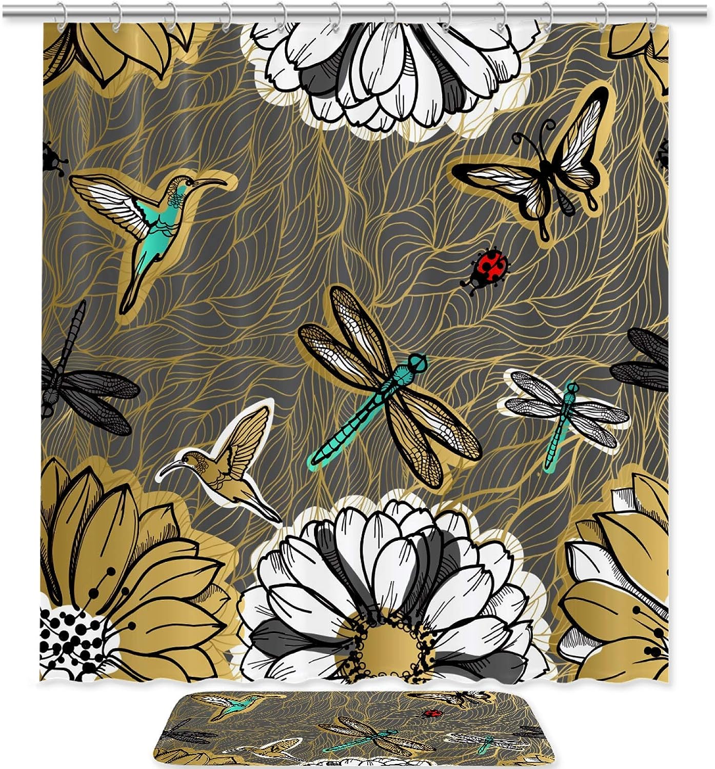 Flowers Butterflies Hummingbirds Bathroom Shower Curtain Waterproof Fabric