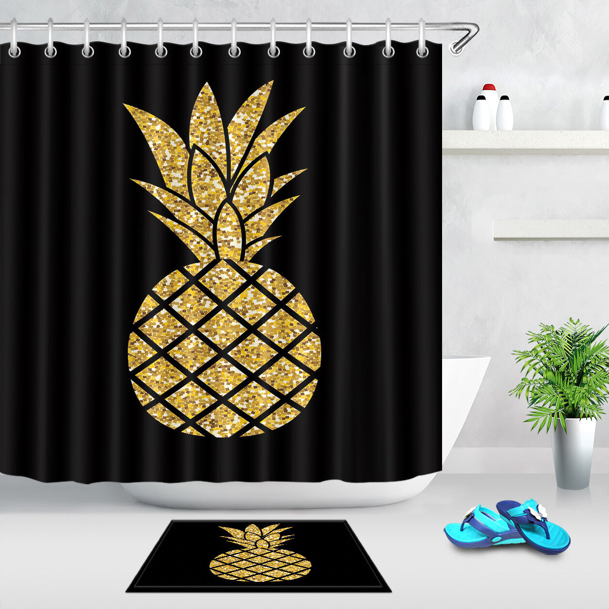 Gold Glitter Pineapple Waterproof Fabric Shower Curtain Liner With Hooks Bathroom Accessories