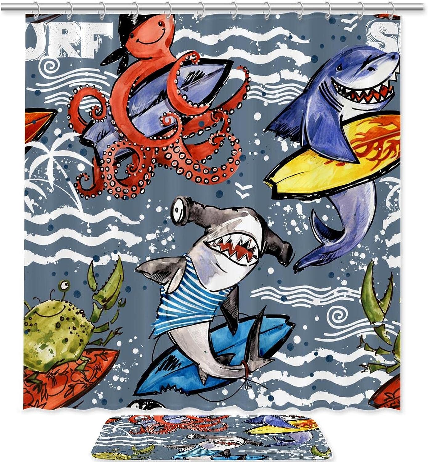 Sharks Octopus Crab Surfing Waterproof Fabric Shower Curtain For Bathroom Bathroom Accessories