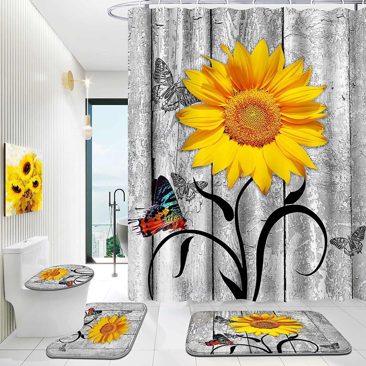 Sunflower Butterfly Fabric Shower Curtain With Hooks For Bathroom Bathroom Accessories