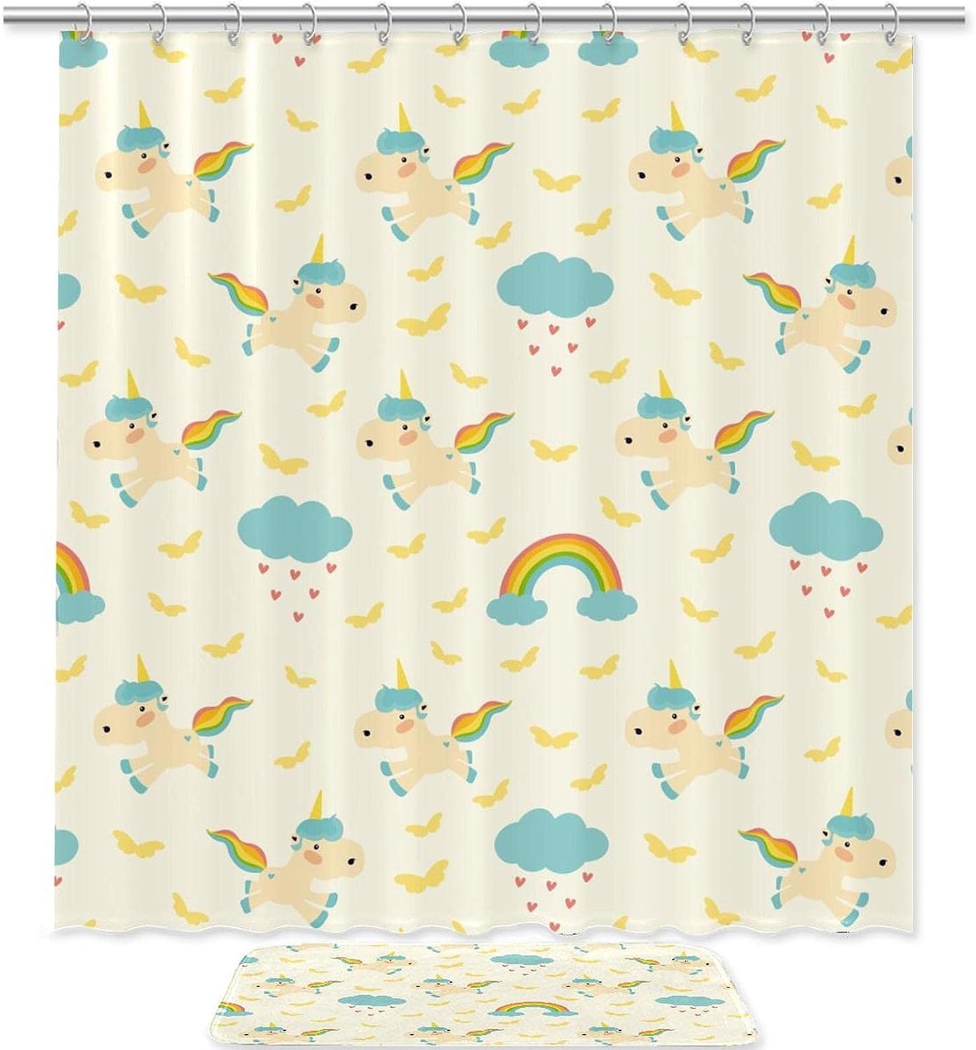 Cute Unicorn Rainbow Pattern Light Yellow Waterproof Fabric Shower Curtain Kids Bathroom Decor
