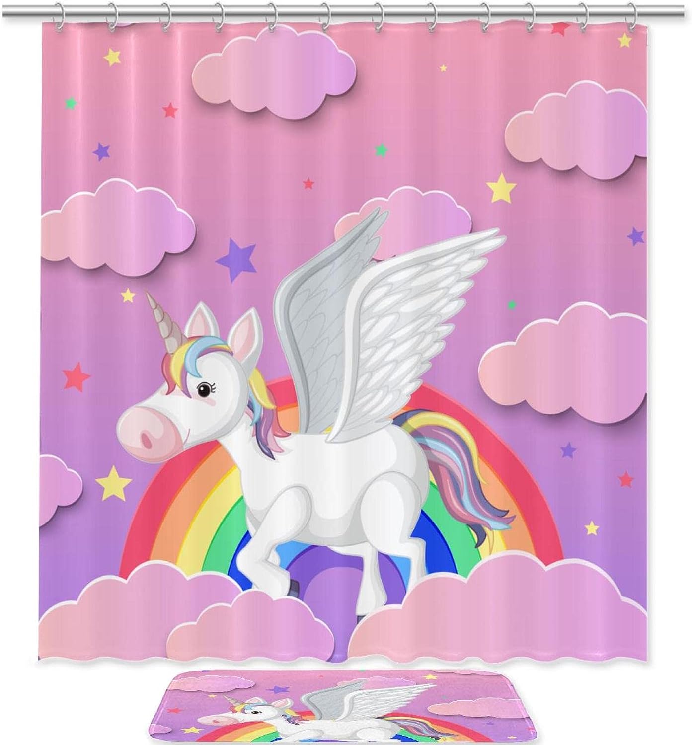 Cute Unicorn Rainbow Pink Clouds Fabric Shower Curtain For Kids Bathroom Decor Bathroom Curtain
