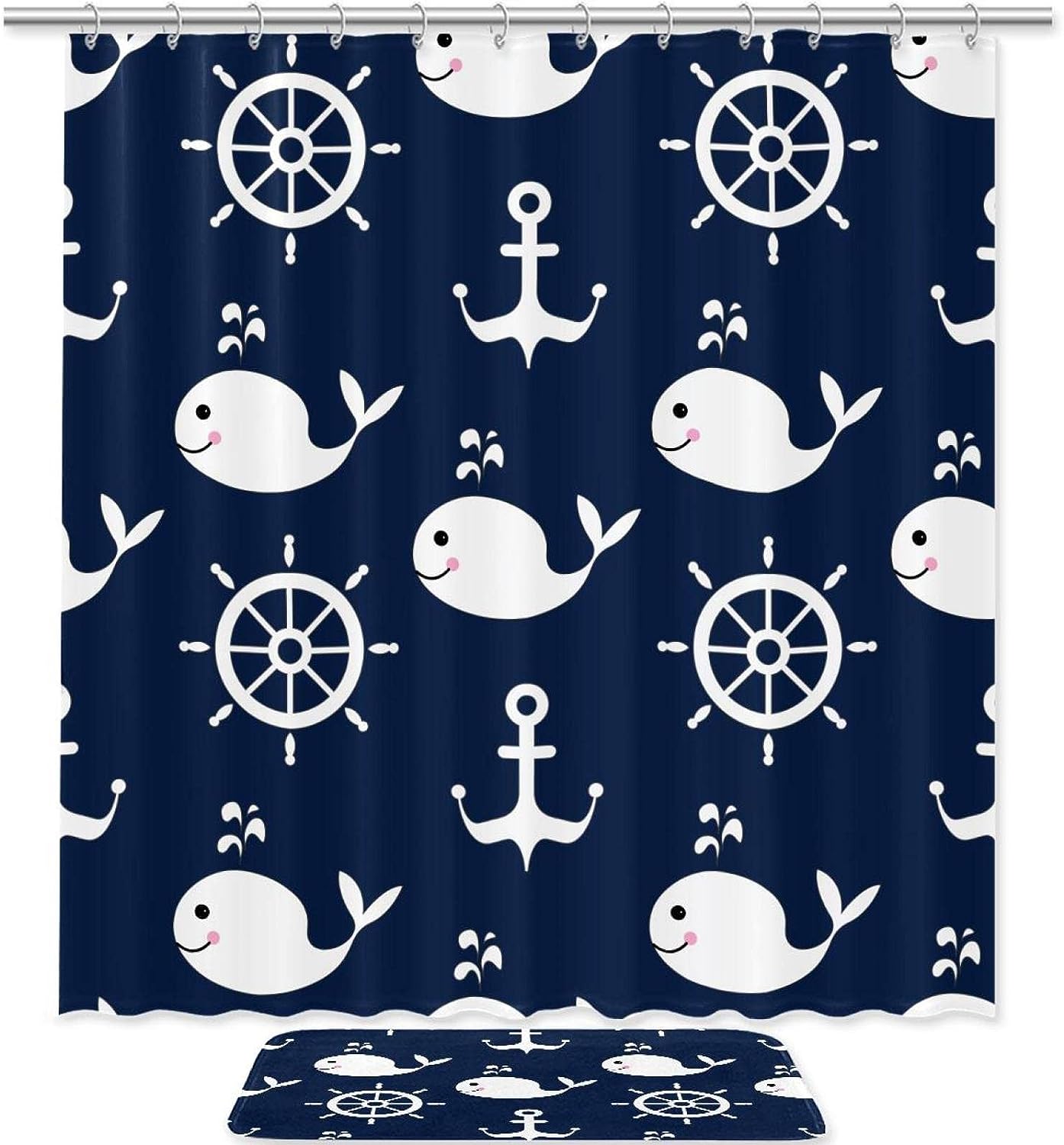 Cute Whale & Anchor Pattern Waterproof Fabric Shower Curtain For Kids Bathroom Bathroom Accessories