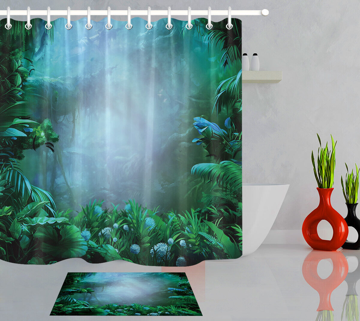 Foggy Rainforest Tropical Green Leaves Bath Waterproof Fabric Shower Curtain Bathroom Decor
