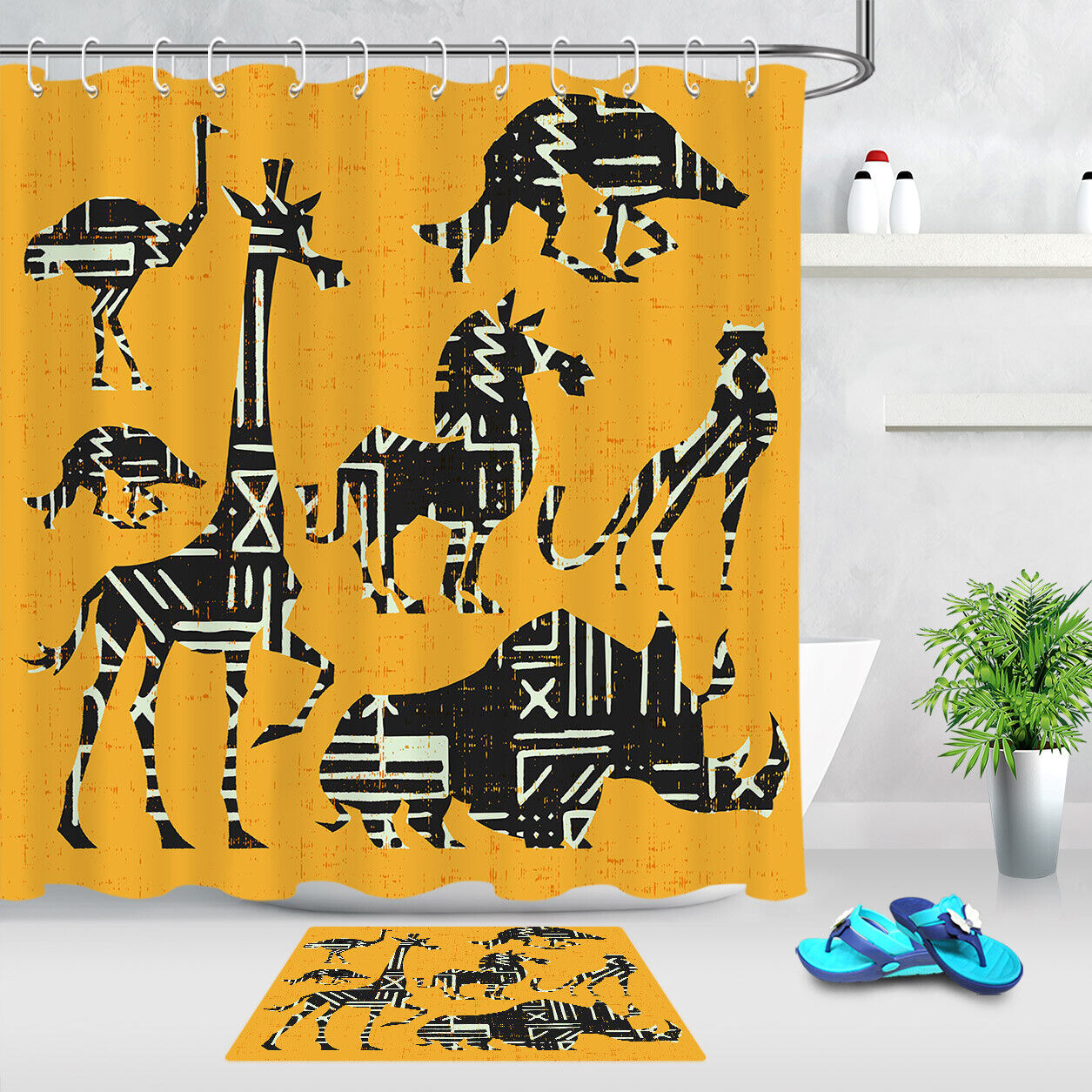 Sketch Giraffe Creative Animals Shadow Bath Waterproof Fabric Shower Curtain Bathroom Decor