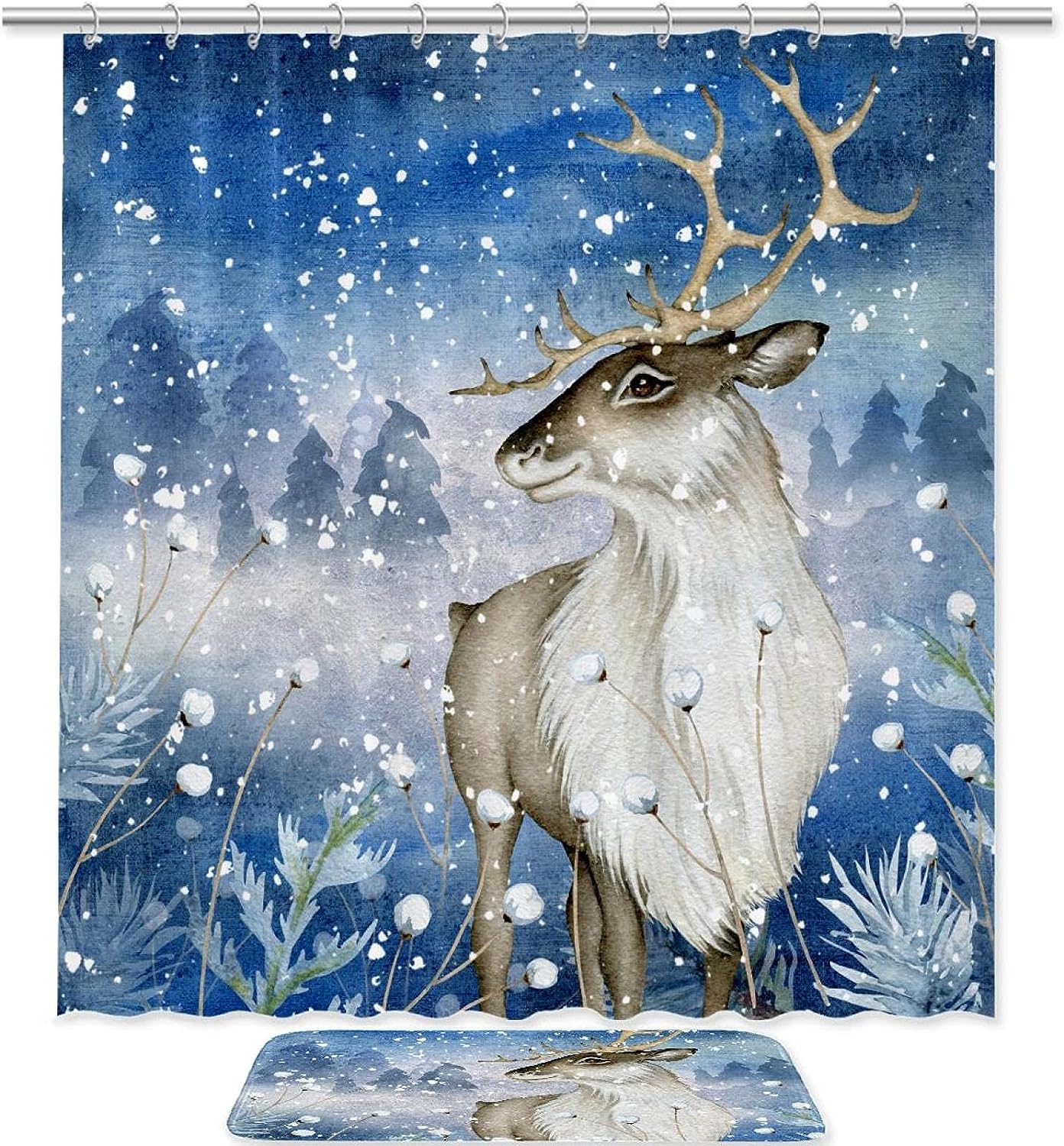 Deer In Snow Waterproof Shower Curtain For Winter Bathroom Decor