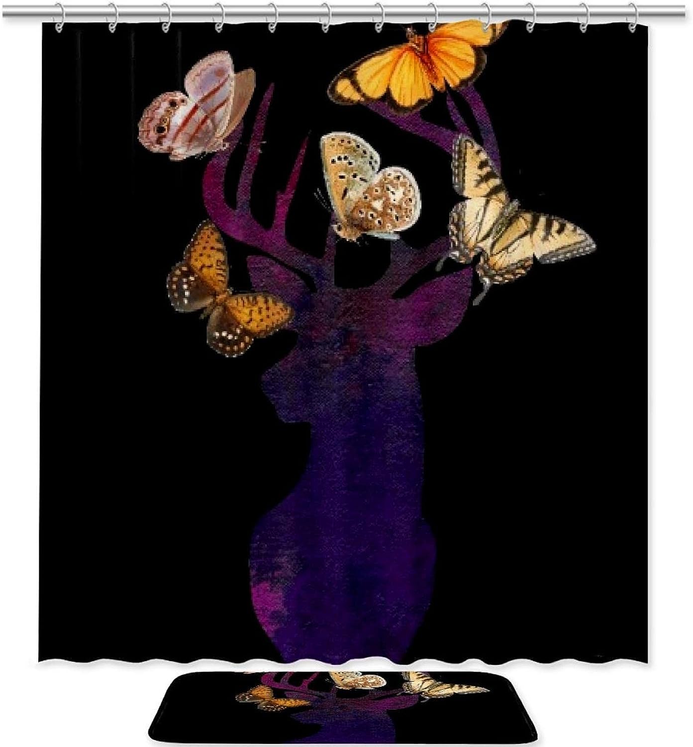Deer Head And Butterfly Waterproof Shower Curtain For Nature Bathroom Decor
