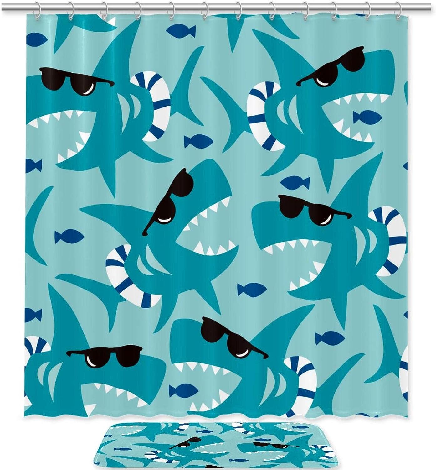 Cool Blue Shark Waterproof Shower Curtain For Ocean Bathroom Decor