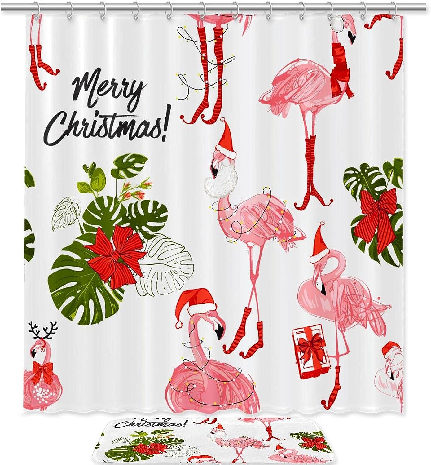 Pink Flamingo Christmas Waterproof Shower Curtain For Tropical Bathroom Decor