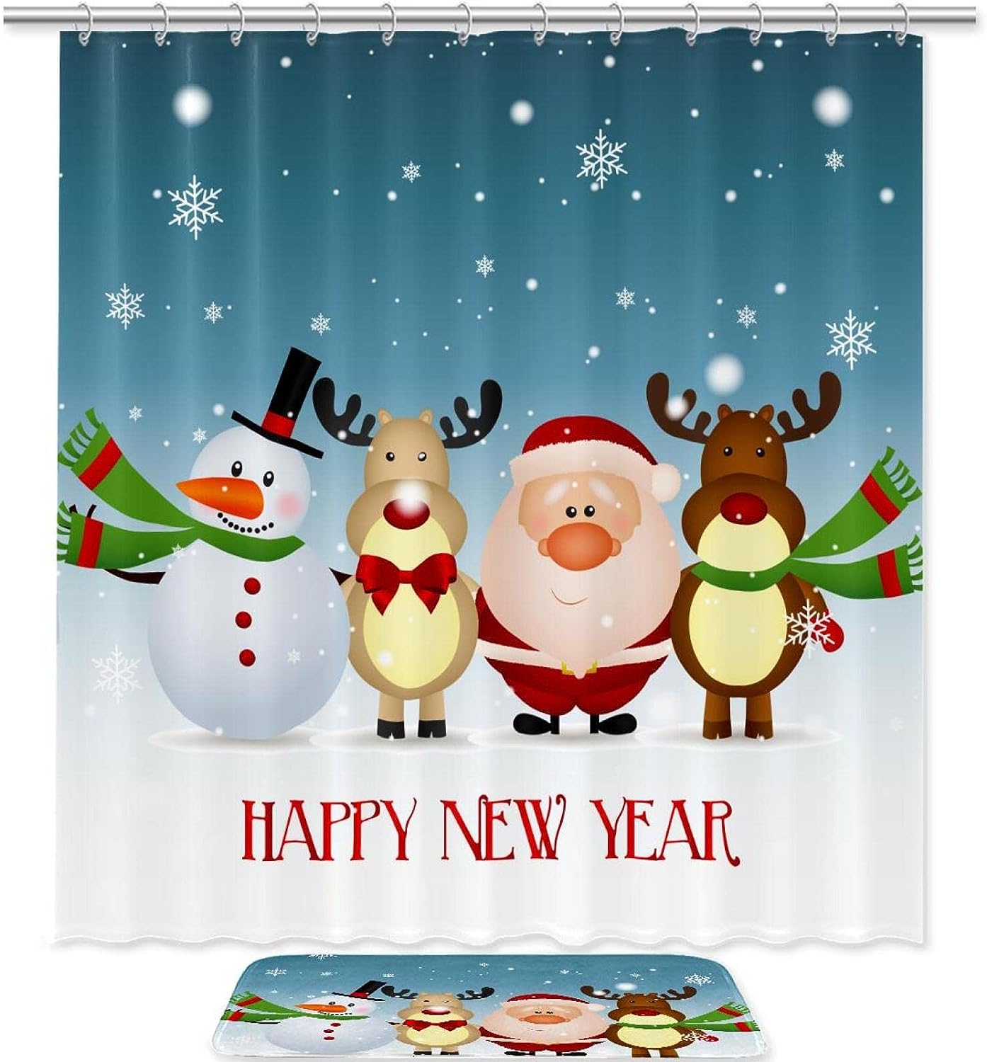 Santa Claus Snowman Deer Waterproof Shower Curtain For Holiday Bathroom Decor