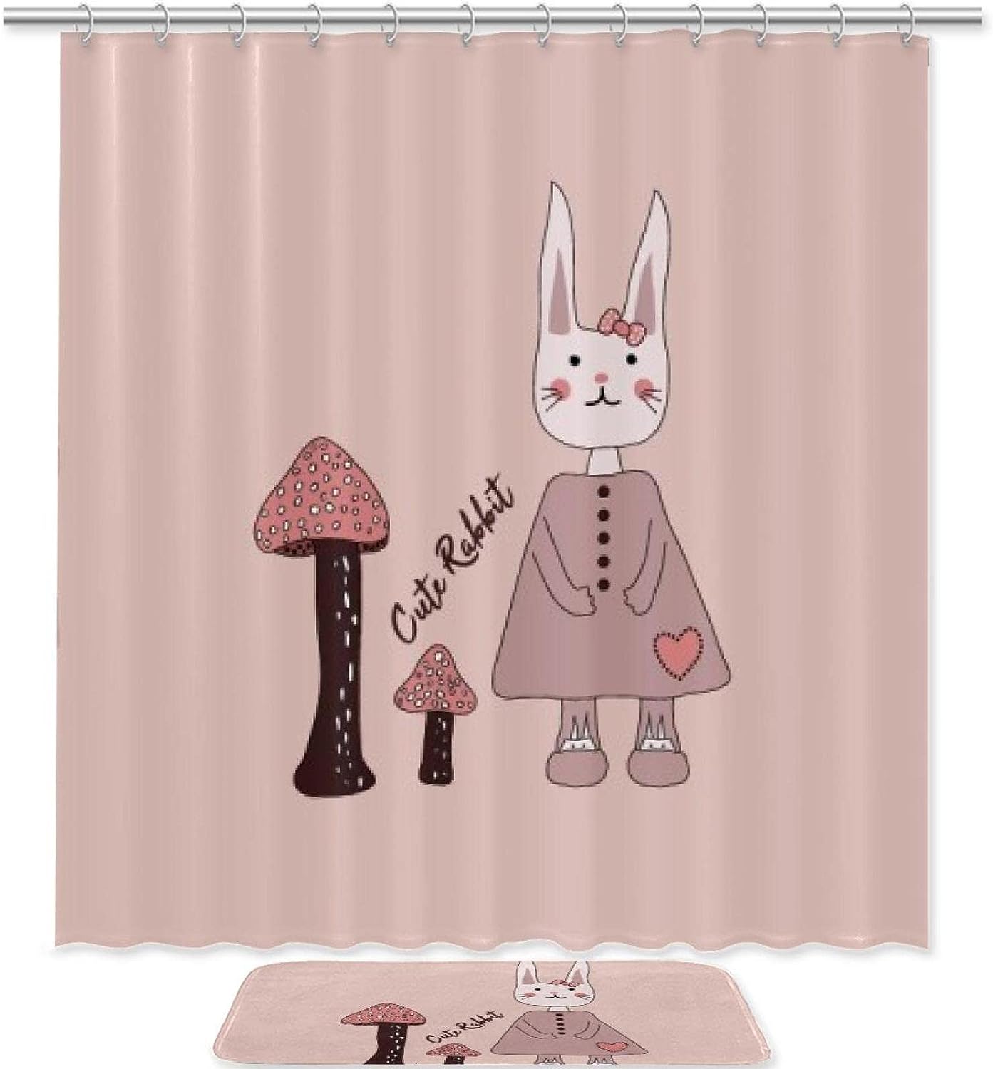 Bunny Mushroom Pink Printing Waterproof Fabric Bathroom Shower Curtain
