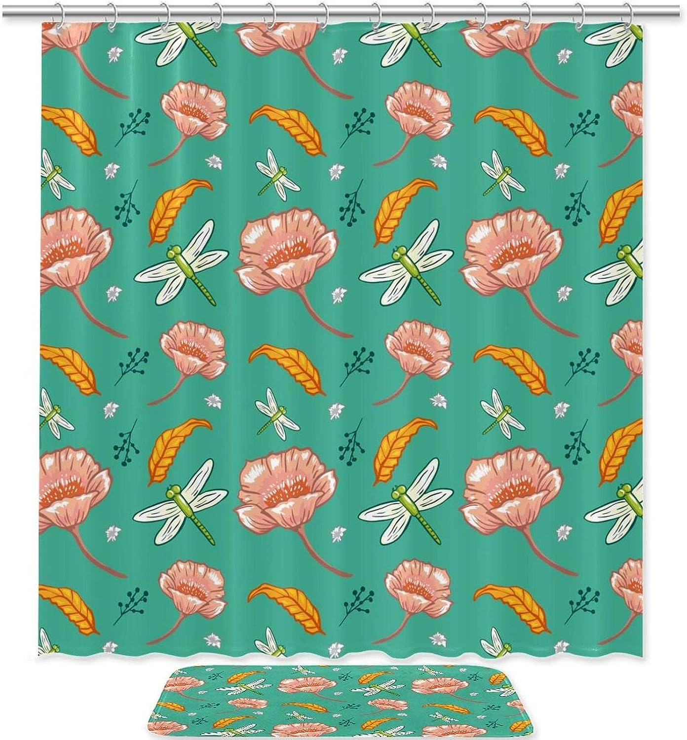 Botanical Flowers Leaves Dragonfly Printing Waterproof Fabric Bathroom Shower Curtain