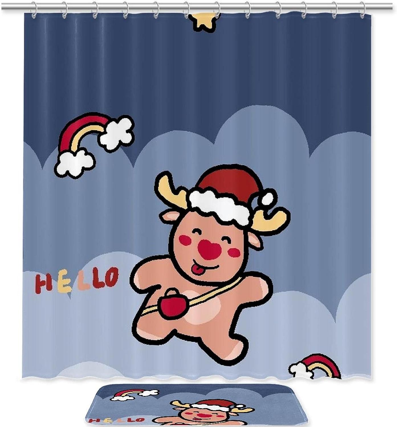 Say Hello Christmas Deer Waterproof Shower Curtain For Holiday Bathroom Decor