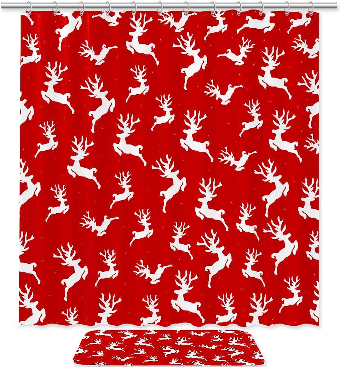 Red Christmas Deer Waterproof Shower Curtain For Holiday Bathroom Decor