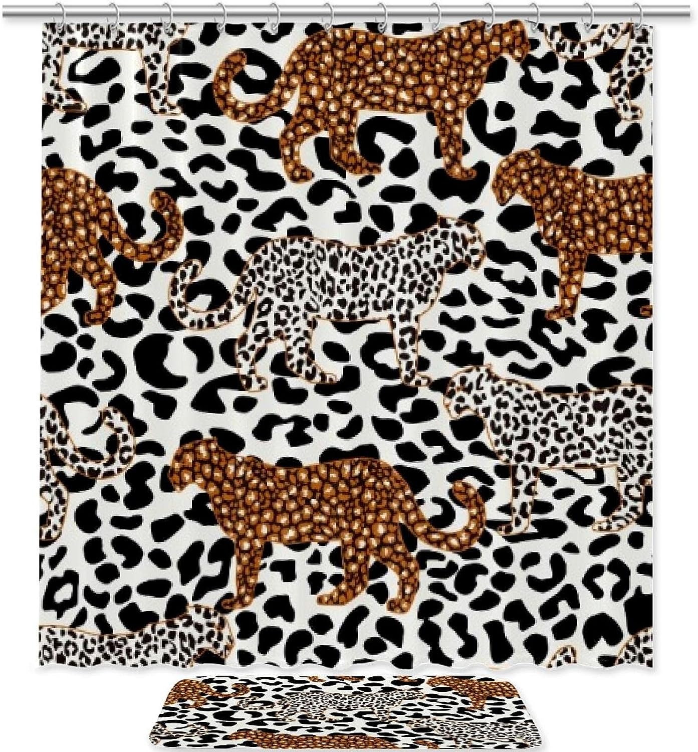 Black White And Brown Leopard Printing Waterproof Fabric Bathroom Shower Curtain